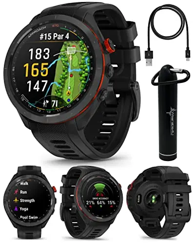 Garmin Approach S70 golf watch on wrist displaying a full-color course map