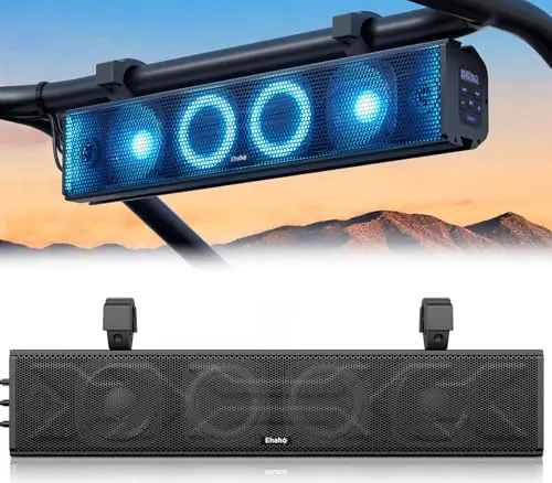 Ehaho 25-inch UTV sound bar with RGB lighting mounted on a golf cart