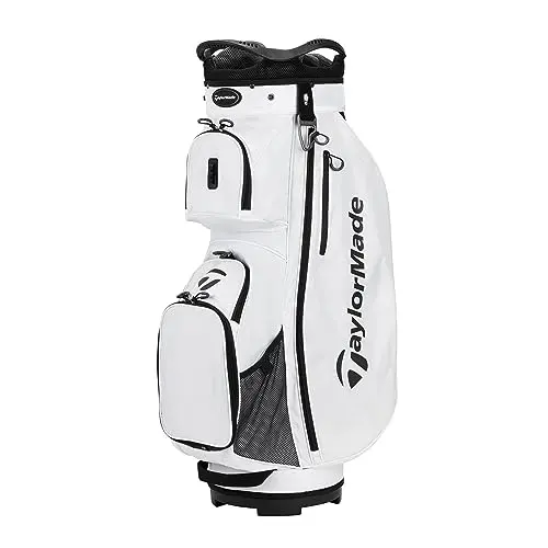 TaylorMade PRO Cart Bag in white, showcasing its minimalist design and front-facing pockets