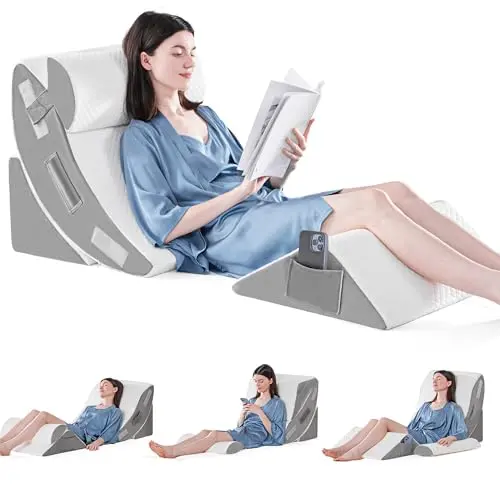 Yojoker 4-piece white orthopedic wedge pillow set on a bed