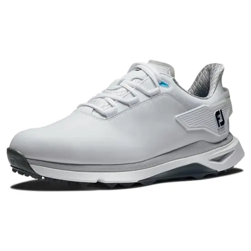 FootJoy Pro/SLX white golf shoe with cleats, shown on a green background.