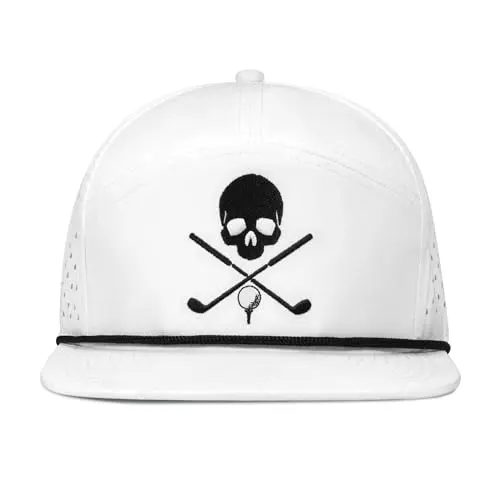 Funny white flat bill baseball cap with embroidered skull design