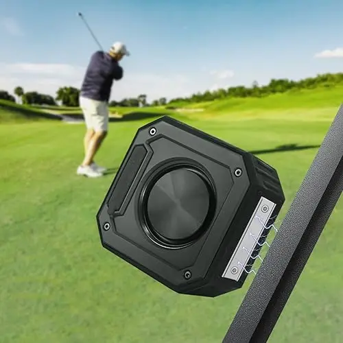 PILSAMAS compact magnetic golf speaker attached to a cart