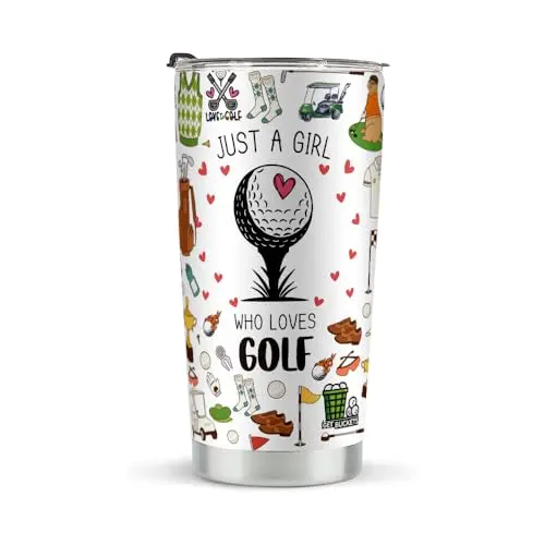Stainless steel tumbler with 'Just A Girl Who Loves Golf' text in golf theme colors