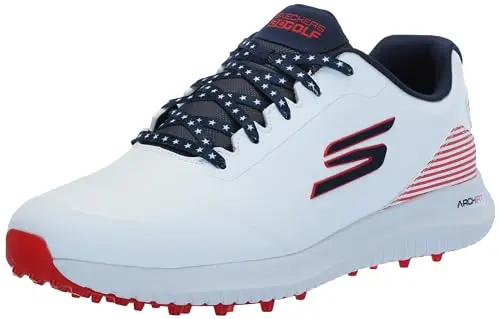 Skechers Max 2 Arch Fit spikeless golf shoe in white, navy, and red.