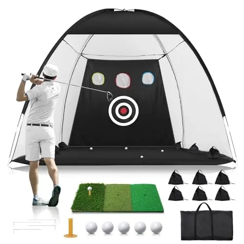 KOPUWS 10x7 foot black golf net with noise-reducing target cloth and practice mat