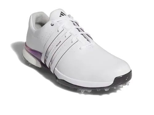 adidas Tour360 24 Golf Shoes in white, black, and shadow fig colorway