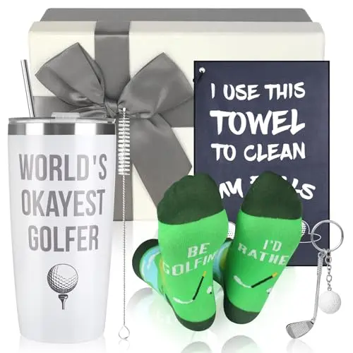EOEFJW golf gift set including stainless steel tumbler, microfiber towel, golf socks, and keychain in gift box