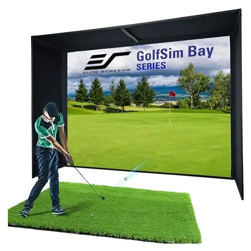 Elite Screens complete golf simulator enclosure with impact screen and black side panels