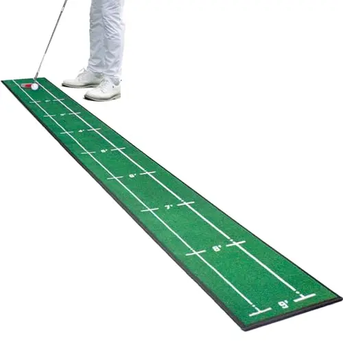 Ponsonbay slim 1-foot wide putting mat with distance markers rolled out on a carpet