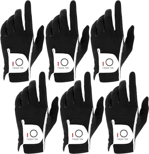 Six-pack of FINGER TEN all-weather golf gloves laid out