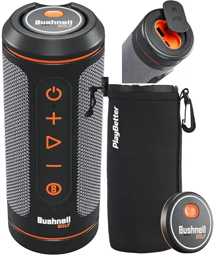 Bushnell Wingman 2 GPS speaker with remote control on a golf bag