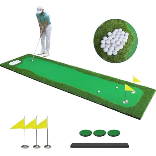 Large Ponsonbay 3.3x10 foot putting green with sand pit area and flagsticks on a carpet