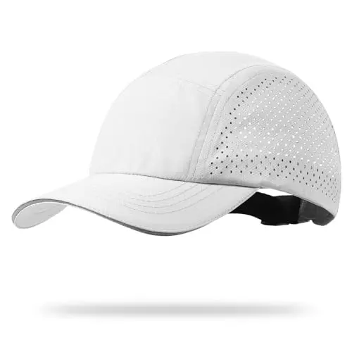 OUTWORK white performance golf hat with a curved brim and reflective trim details.
