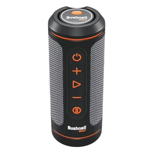 Bushnell Wingman 2 golf speaker with remote on a cart frame