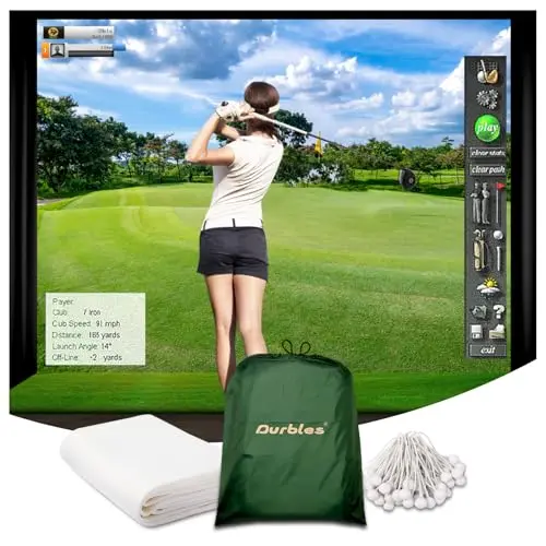 Durbles premium triple-layer golf simulator impact screen in a home setup