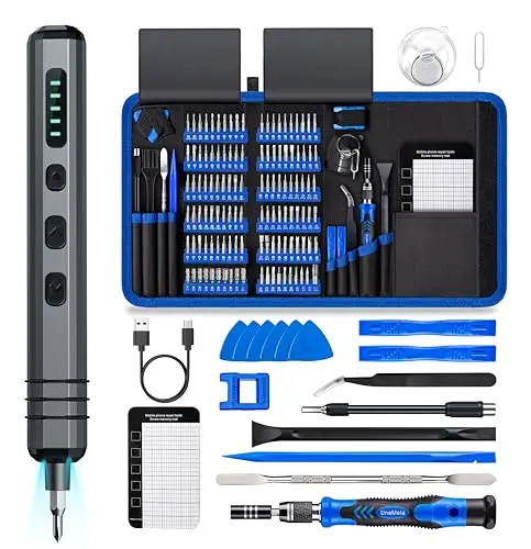 UnaMela blue mini electric screwdriver set with 120 bits and repair tools