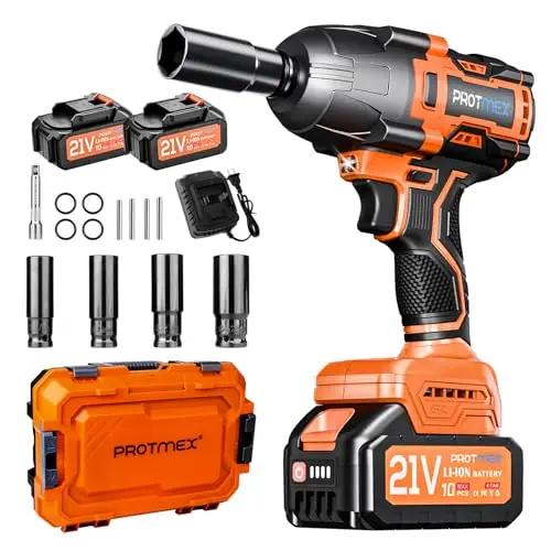 Protmex orange cordless impact wrench kit with batteries and sockets