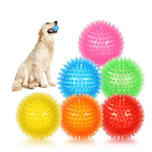 Petizer set of six small, colorful spiky squeaky balls for puppies and small dogs.