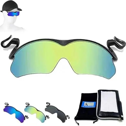 POCONT green clip-on sunglasses attached to a baseball cap