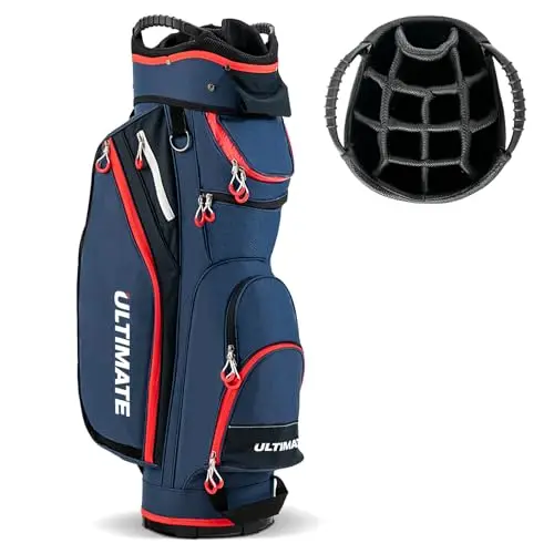GOPLUS navy and red golf cart bag with multiple pockets and 14-way top divider.
