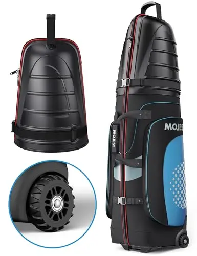 Mojest golf travel bag in black, red, and blue with hard top