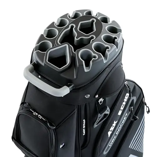 ASK ECHO 2026 T-Lock golf cart bag in black showing the 14-way organizer top