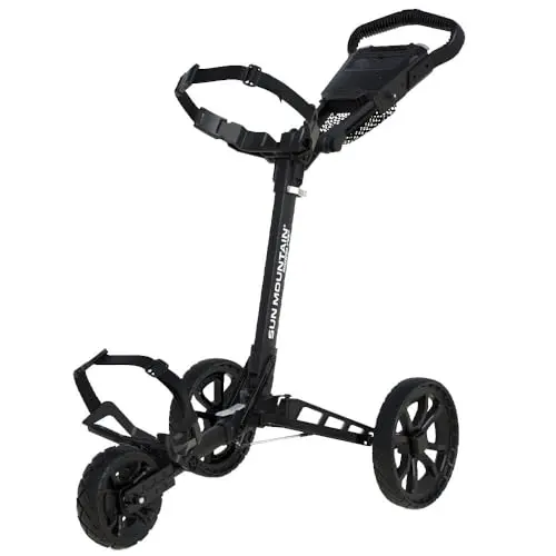 Sun Mountain Ridgeline 3 three-wheel black push cart with a large storage console and beverage holder.