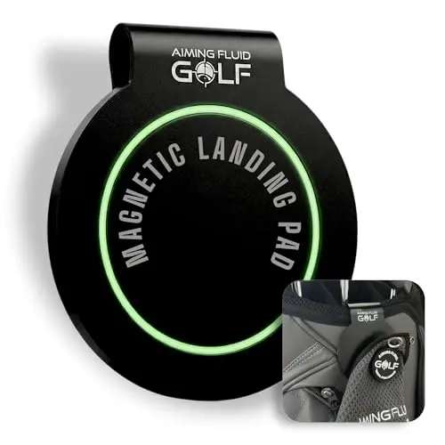 Aiming Fluid Golf magnetic landing pad attached to a golf bag