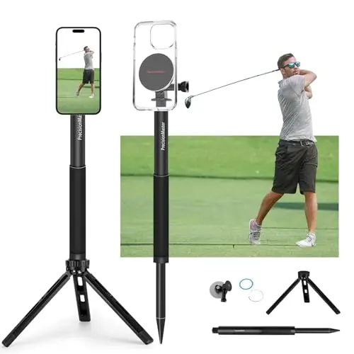 PrecisionMaster golf tripod and monopod with magnetic phone holder, GoPro mount, and metal plates