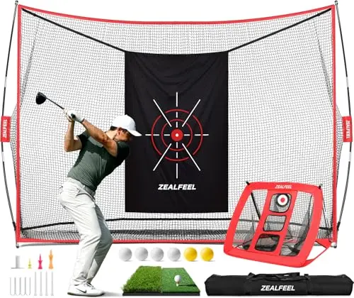 ZEALFEEL black and red golf net with 5-ply reinforced netting and separate chipping net