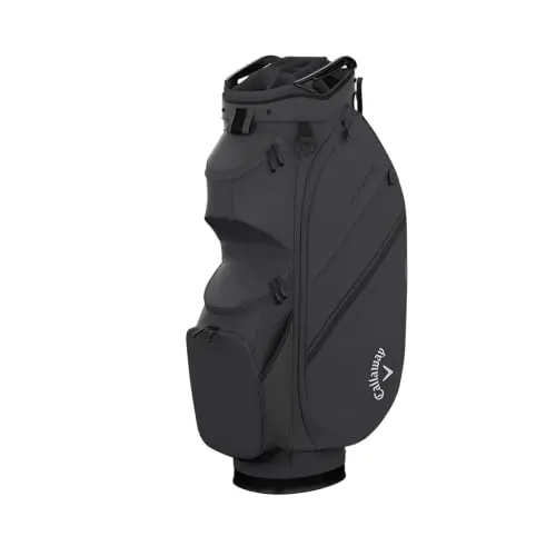 Callaway Chase 14 golf cart bag in charcoal, highlighting the integrated putter well and apparel pocket