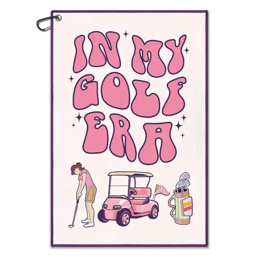Pink waffle-texture golf towel with 'In My Golf Era' text and attached carabiner clip