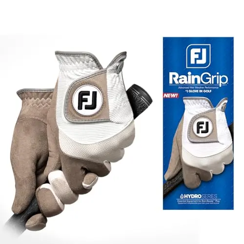 FootJoy RainGrip golf glove pair on a golf club grip