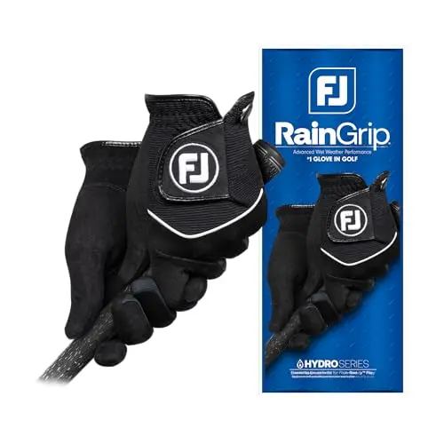 FootJoy RainGrip golf glove pair in black, showing the textured palm and quick-dry back material.