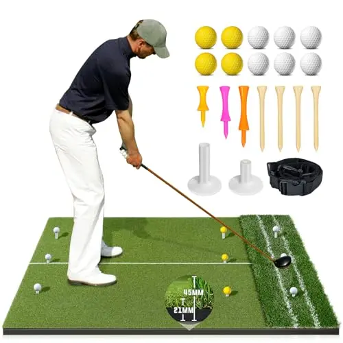 WOVUO dual-turf golf mat with white alignment lines and accessories