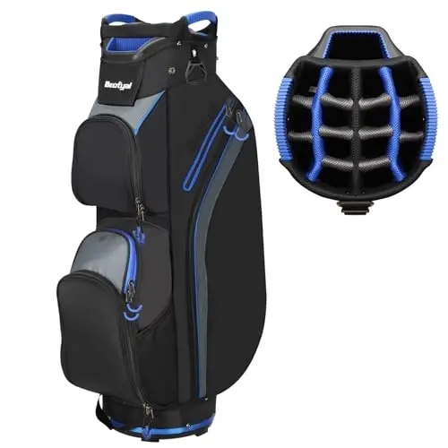 Beutyal 15-way golf cart bag in black and blue with a sturdy base and multiple pockets