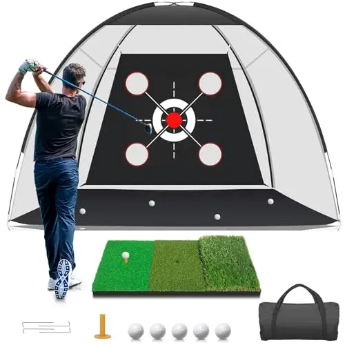 Large black, white, red, and green KLAODOT golf practice net set up in a backyard.