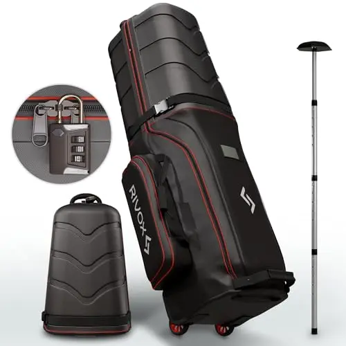 RIVOX black and red golf travel bag with wheels, TSA lock, and ABS top shell