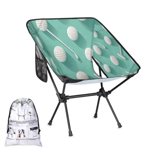 Hsnar Play Golf design folding camping chair with side pockets, set up outdoors
