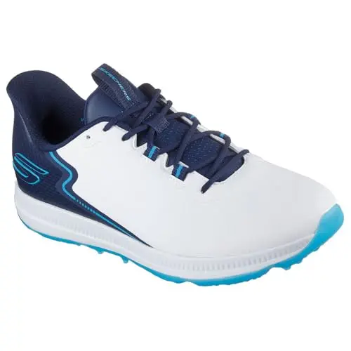 Skechers Go Golf Elite 6 hands-free slip-in golf shoe in white and navy.