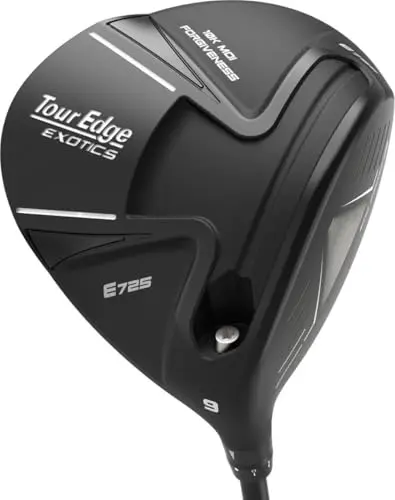 Tour Edge Exotics E725 Driver in black, highlighting its rear weight and 3D diamond face technology.