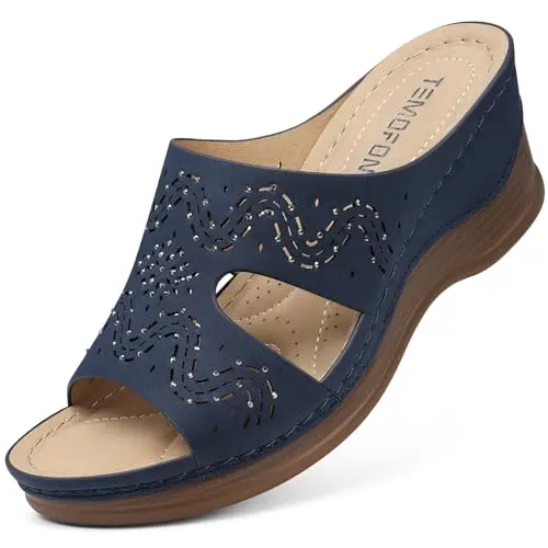 TEMOFON women's navy blue platform wedge sandal with wide fit