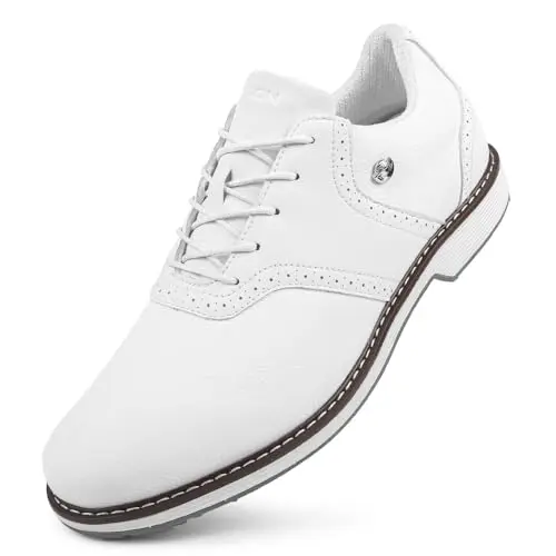 Thestron white golf shoe with a K05 design, featuring a combination spike and spikeless outsole.