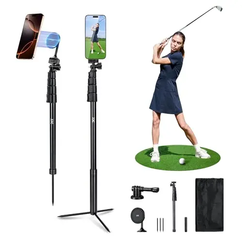 JJC golf monopod selfie stick with ground spike stakes, magnetic phone mount, and action camera adapter