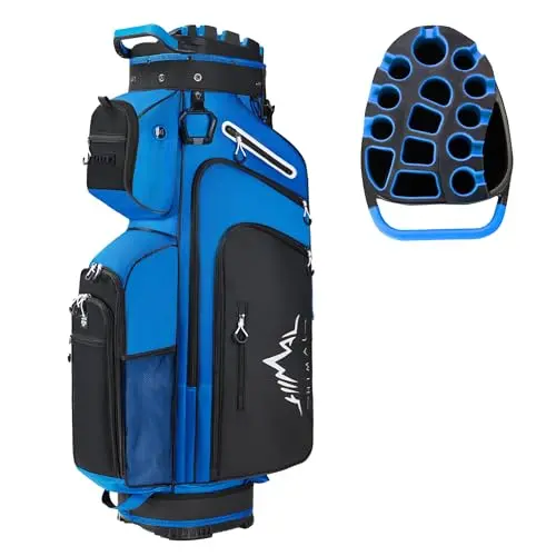 UNIHIMAL golf cart bag in blue featuring a prominent magnetic leather pocket