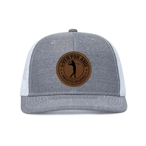 Vintage trucker cap with Over Par and Under The Influence faux leather patch