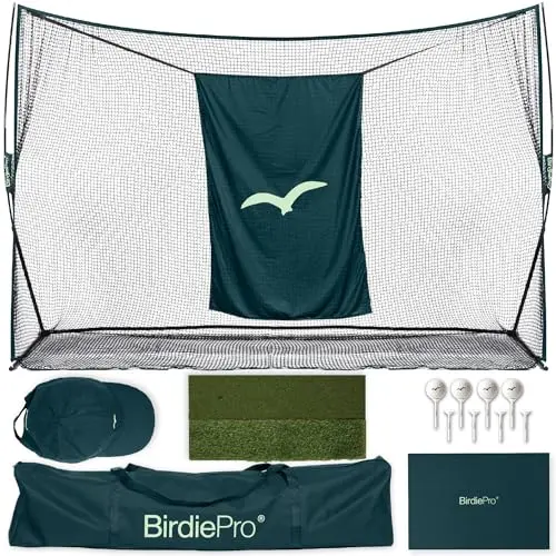 BirdiePro deep forest green golf practice net with EchoShield target and included cap
