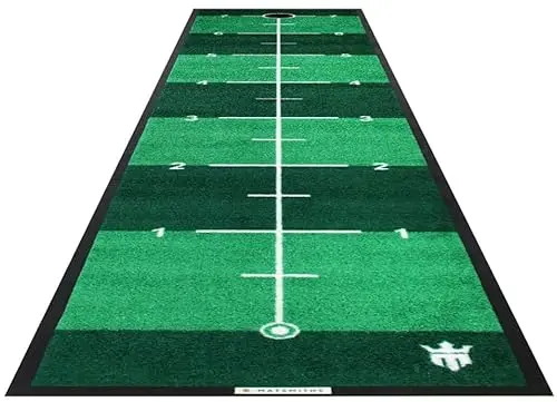 Matsmiths green putting mat with measured distance zones, shown neatly rolled up