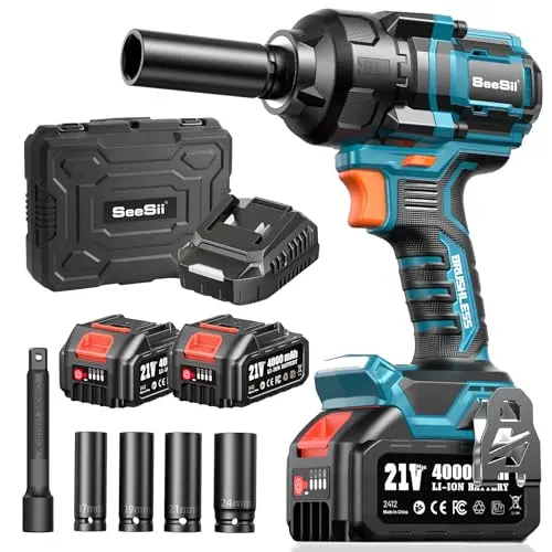 Seesii blue cordless impact wrench with two batteries and socket set in a case